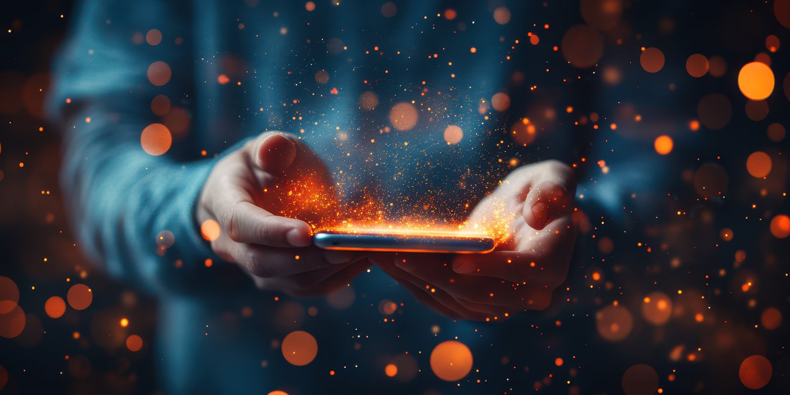 Hands hold a glowing smartphone surrounded by sparkles in a dark environment at night